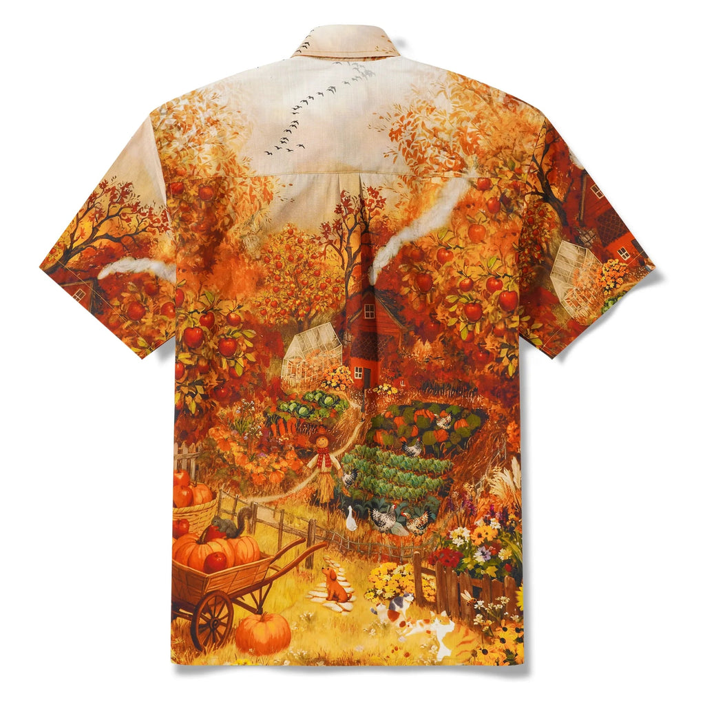Chemise Hawaiian pour Homme à Manches Courtes Boutonnée 100% Coton Jaune Aloha Charme d'Automne Campagne Chute Pomme Chat Chien Jardin Campagne Récolte Par Huan huan
