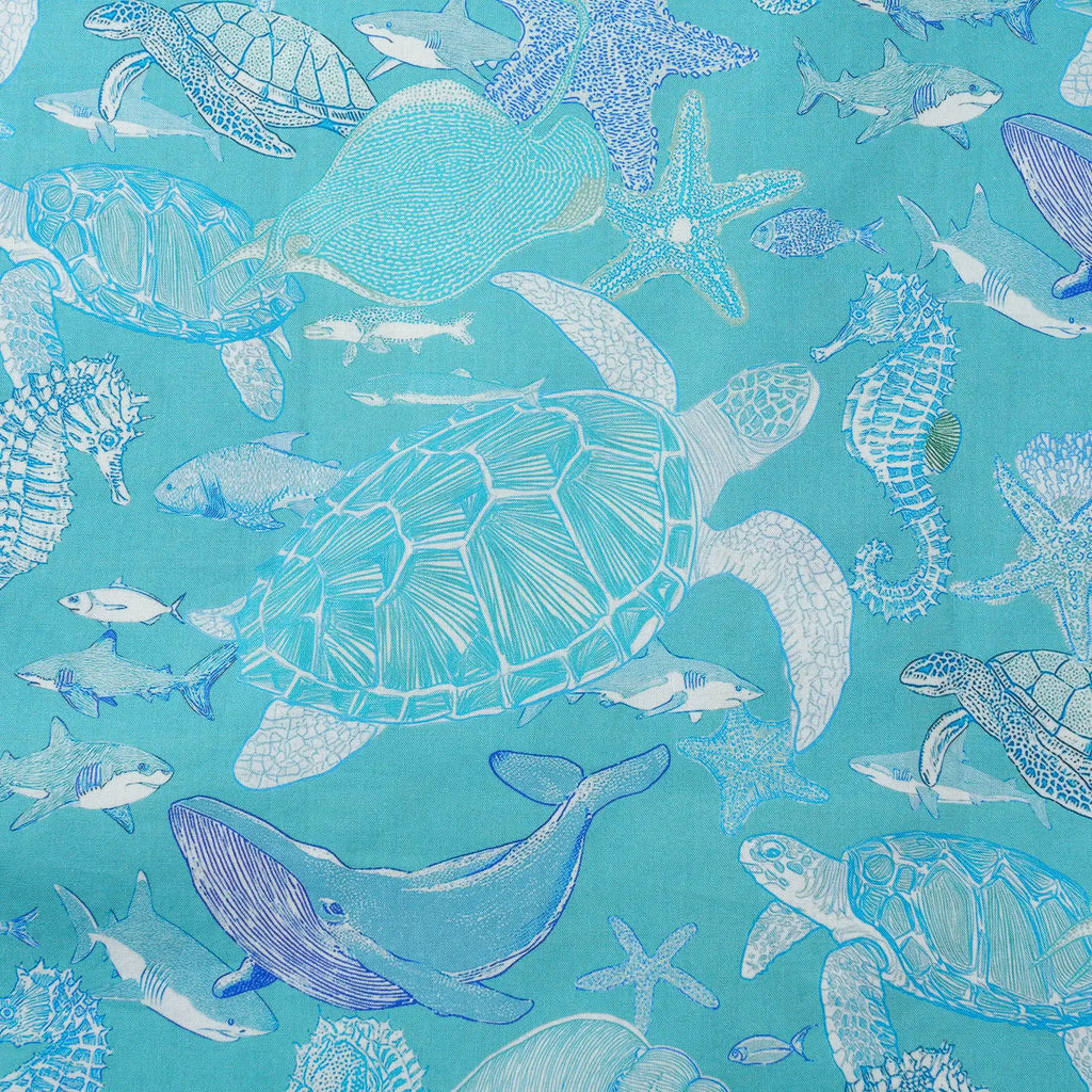 LeosWare® Men's Hawaiian Shirt Short Sleeve Button-up 100% Cotton Blue Aloha Azure Islet Sea Turtle By Ann