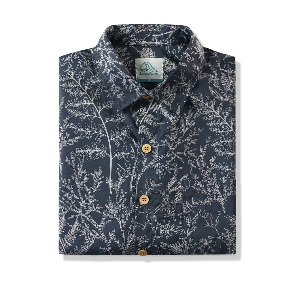 LeosWare® Men's Hawaiian Shirt Short Sleeve Button-up 100% Cotton Blue Aloha Enchanted Fern Grove Journal By Ann