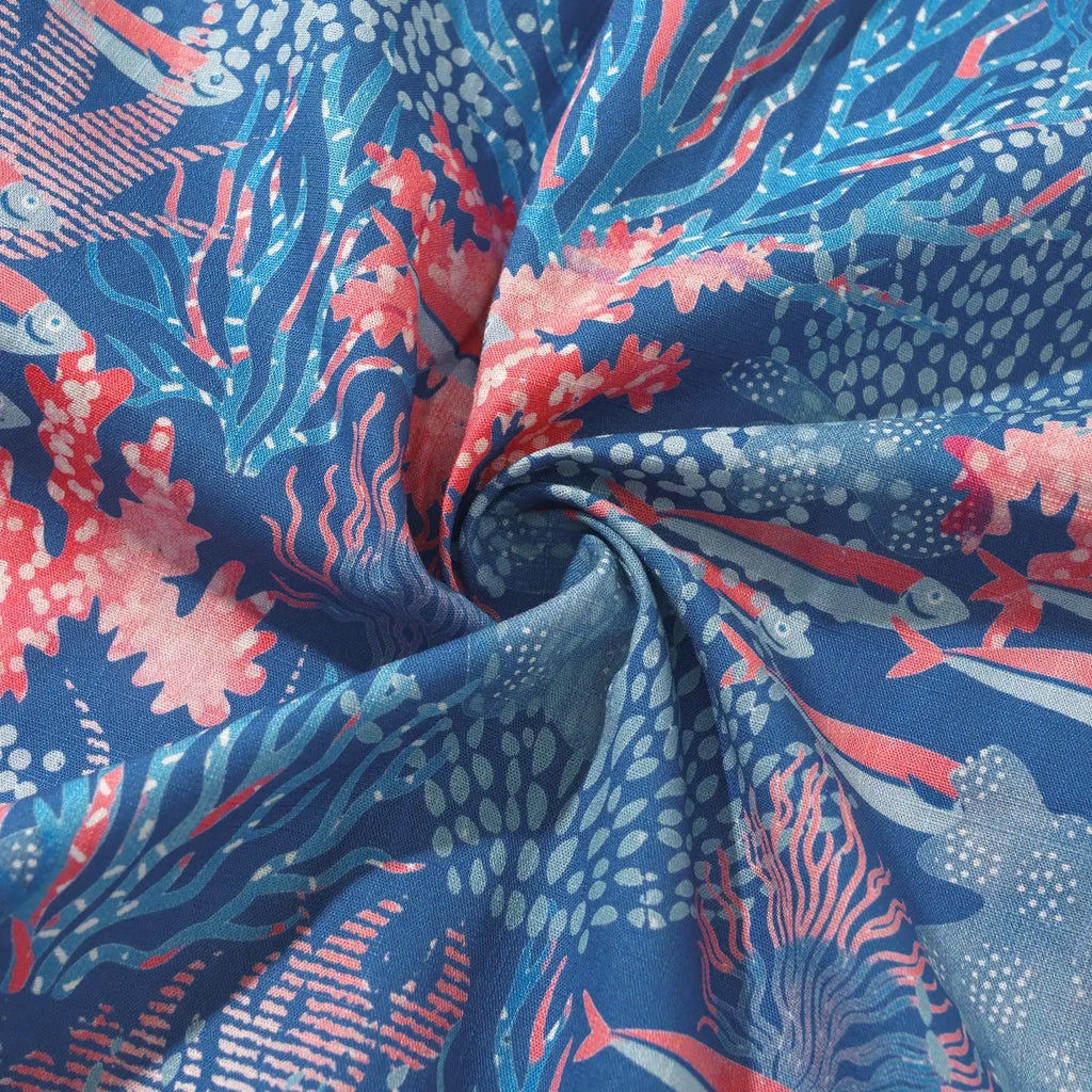 Men's Hawaiian Shirt Short Sleeve Button-down 100% Cotton Blue Aloha Ocean Sihouettes By House of Haricot