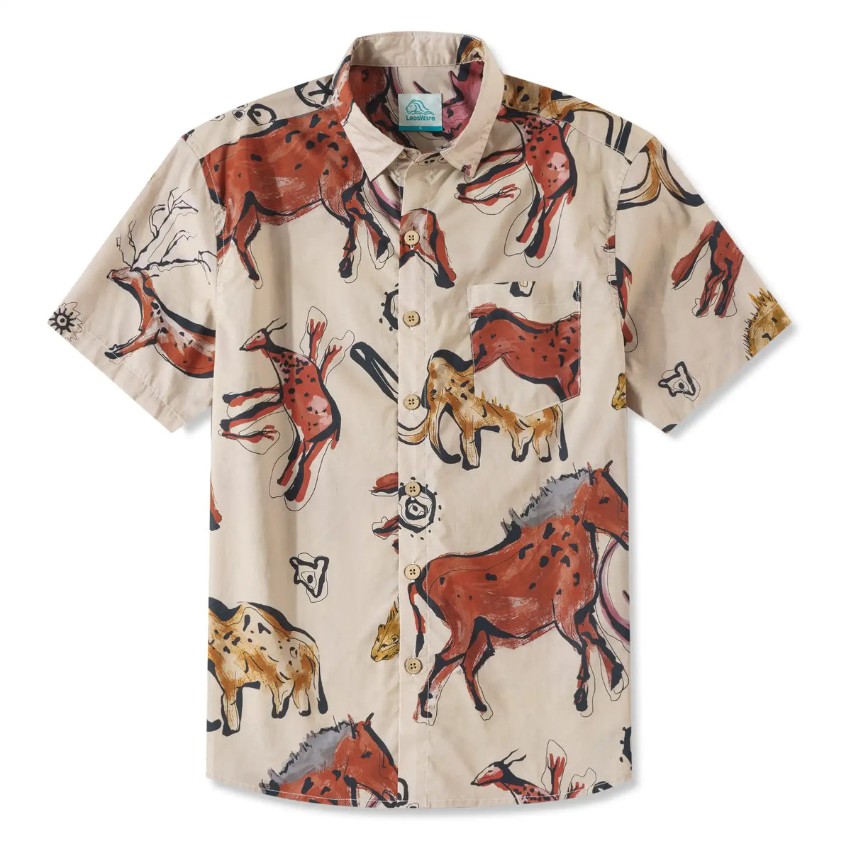 LeosWare® Men's Hawaiian Shirt Short Sleeve Button-up 100% Cotton Red Aloha Vintage Cave Art Print By Huan huan