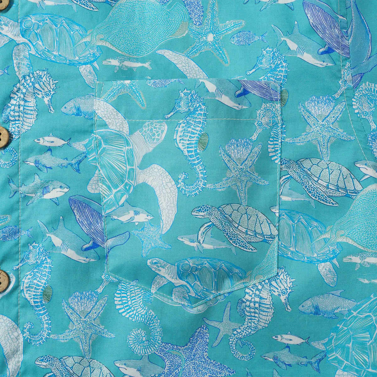 LeosWare® Men's Hawaiian Shirt Short Sleeve Button-up 100% Cotton Blue Aloha Azure Islet Sea Turtle By Ann