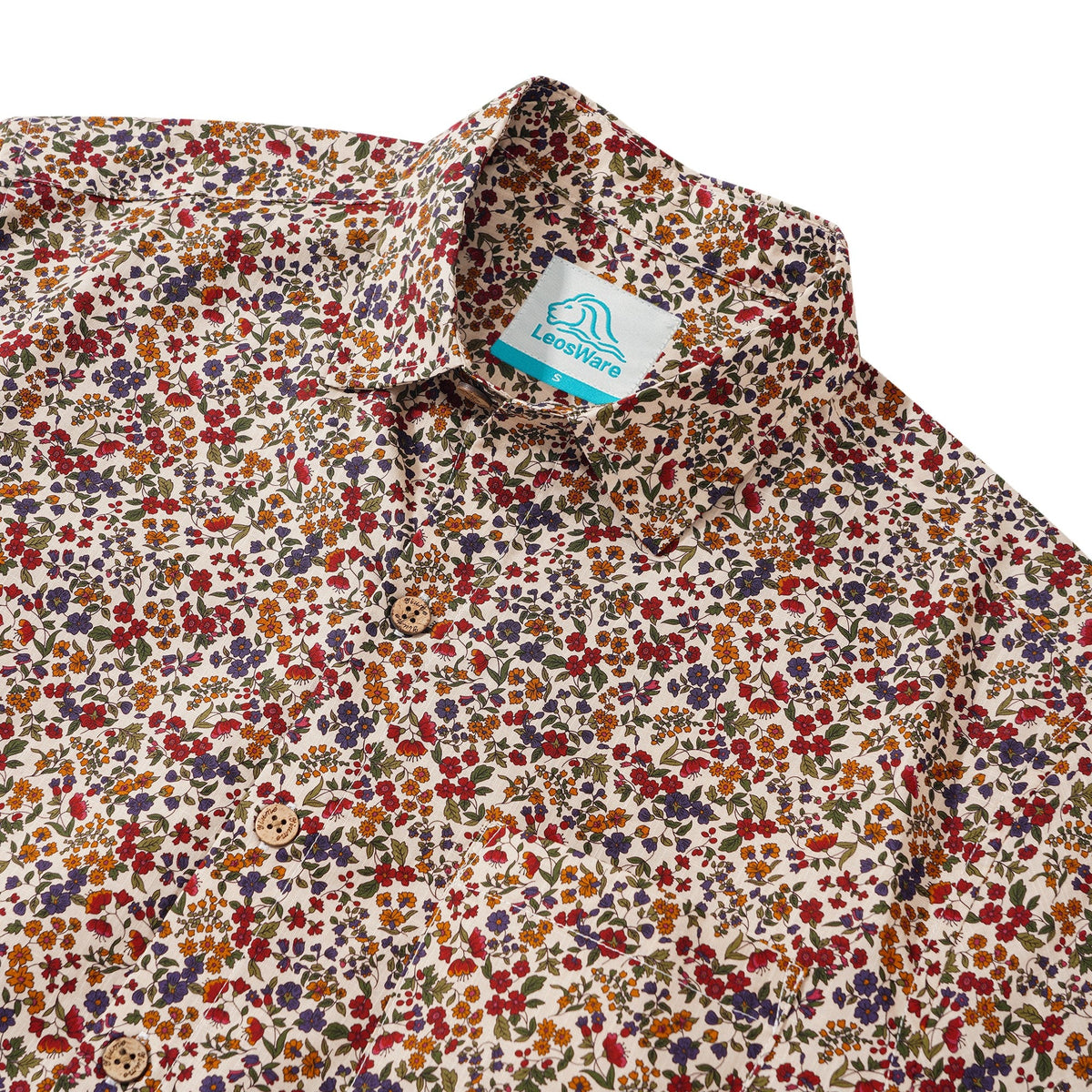LeosWare® Men's Hawaiian Shirt Short Sleeve Button-up 100% Cotton Red Aloha Colorful Countryside Small Floral Pattern Painting By Ethan