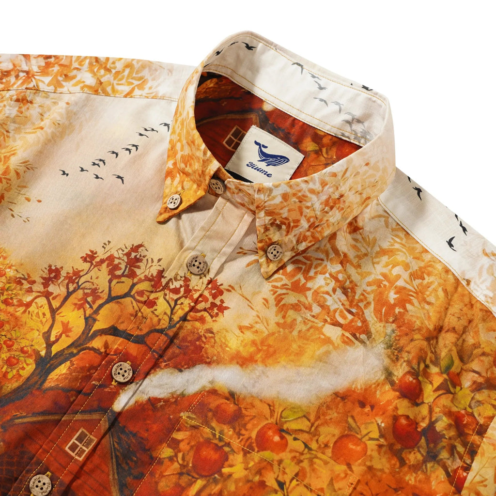 Chemise Hawaiian pour Homme à Manches Courtes Boutonnée 100% Coton Jaune Aloha Charme d'Automne Campagne Chute Pomme Chat Chien Jardin Campagne Récolte Par Huan huan