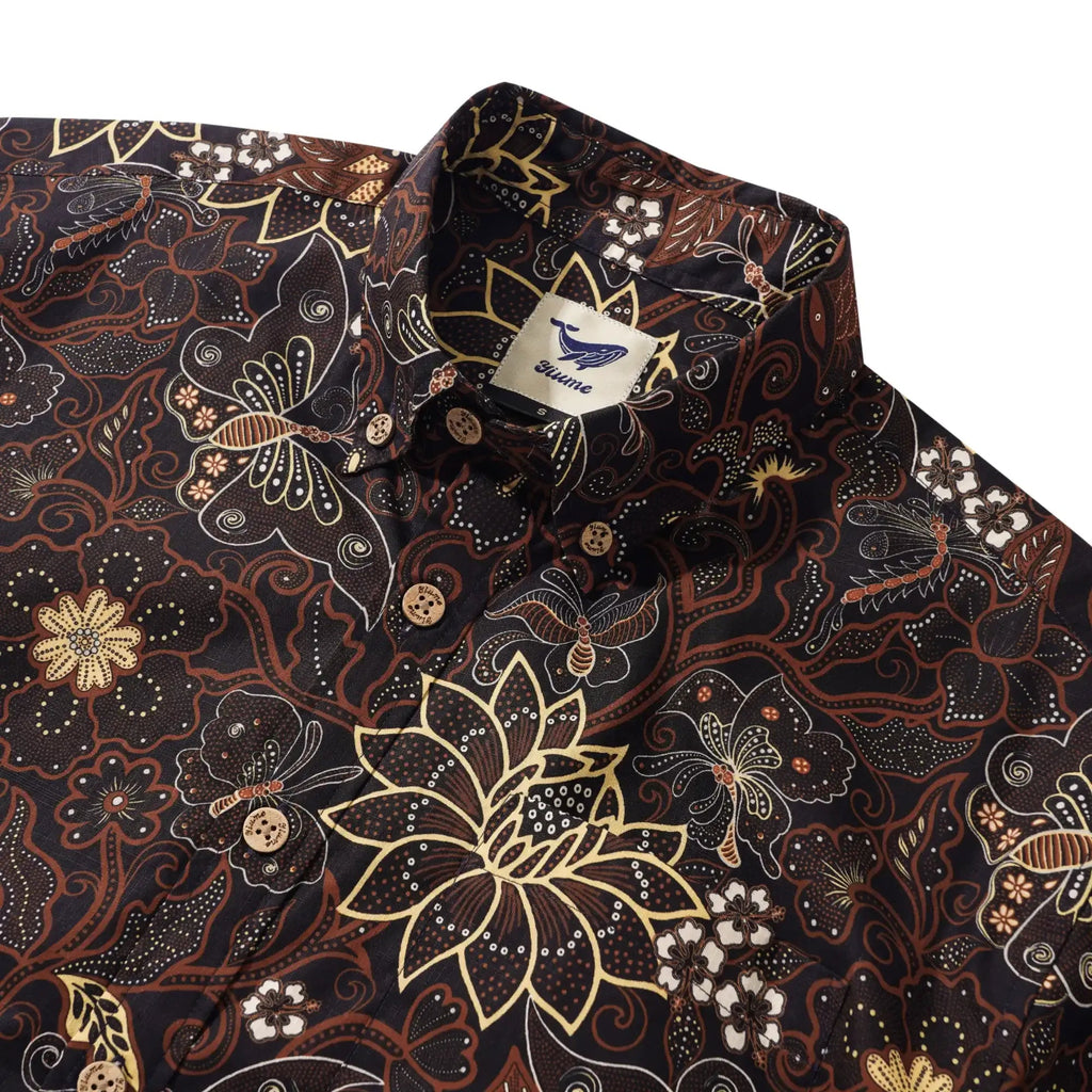 Chemise hawaïenne pour homme à manches courtes, boutonnée, 100 % coton, jaune, Aloha Fleurs envoûtantes et papillons par Huan huan