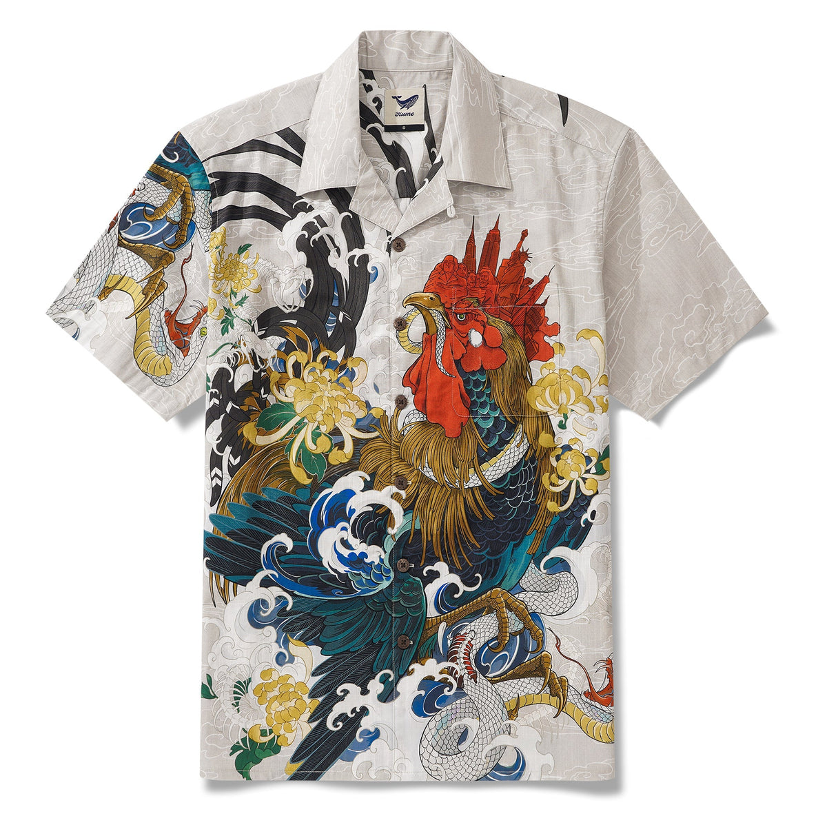 Men's Hawaiian Shirt 100% Cotton Short Sleeve Camp Collar Shirt Rooster and Japanese ukiyo-e Shirt By Zeke