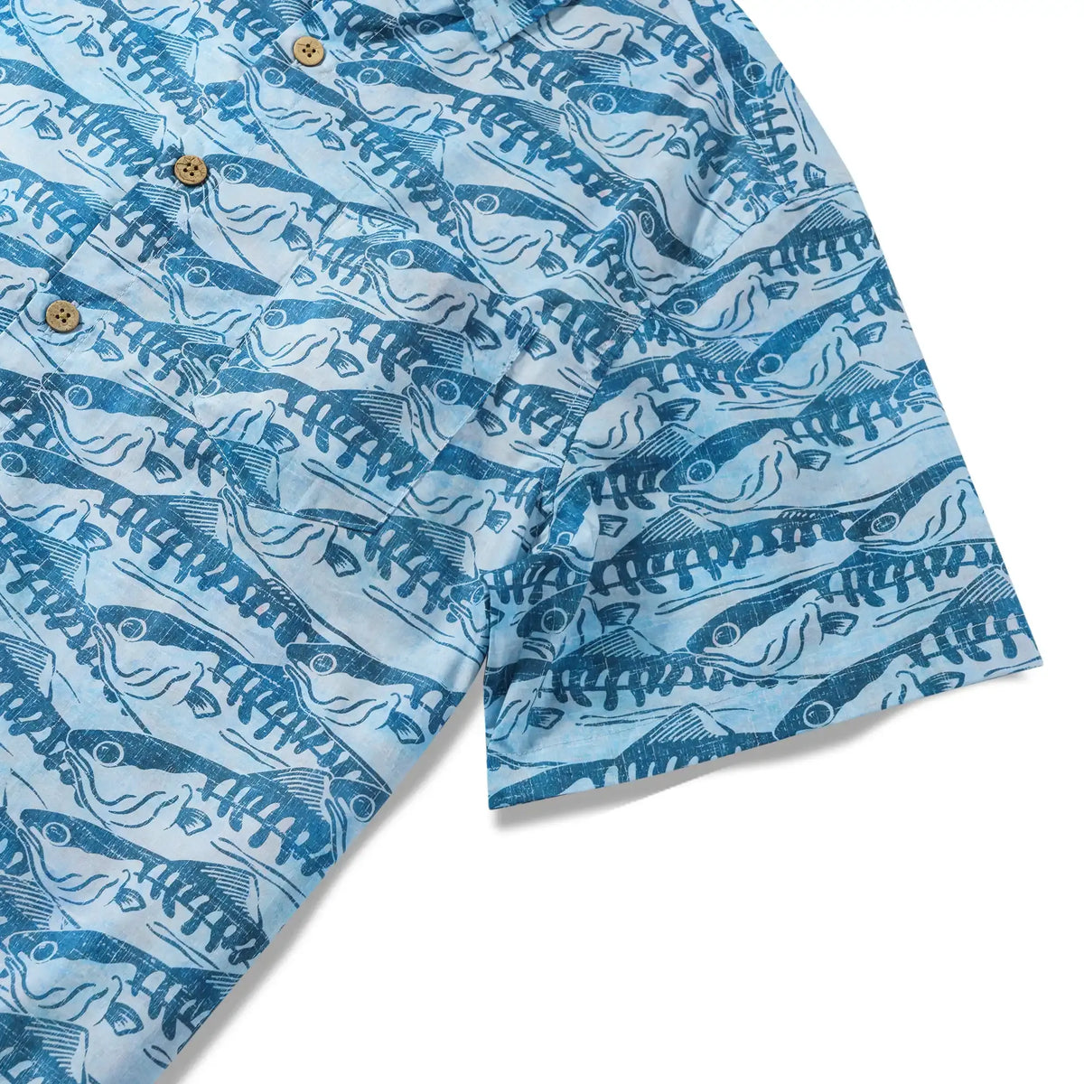LeosWare® Men's Hawaiian Shirt Short Sleeve Button-up 100% Cotton Blue Aloha Ink Wave Fish Formation By Ann