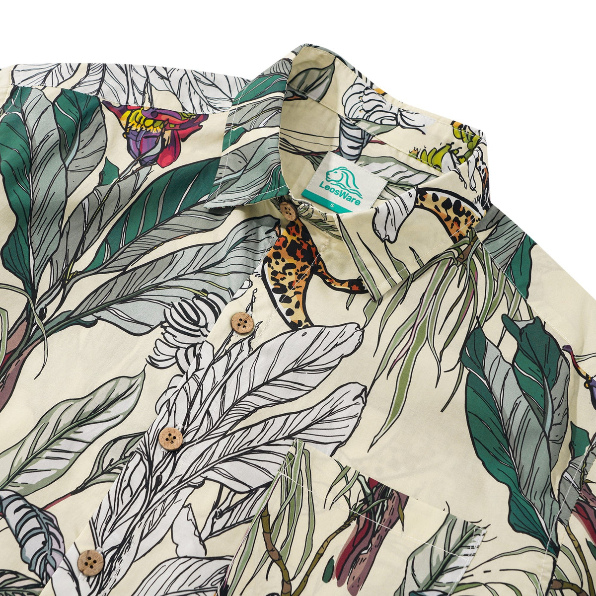 LeosWare® Men's Hawaiian Shirt Short Sleeve Button-up 100% Cotton Beige Aloha Tropical Jungle Wildness Painting By Ethan