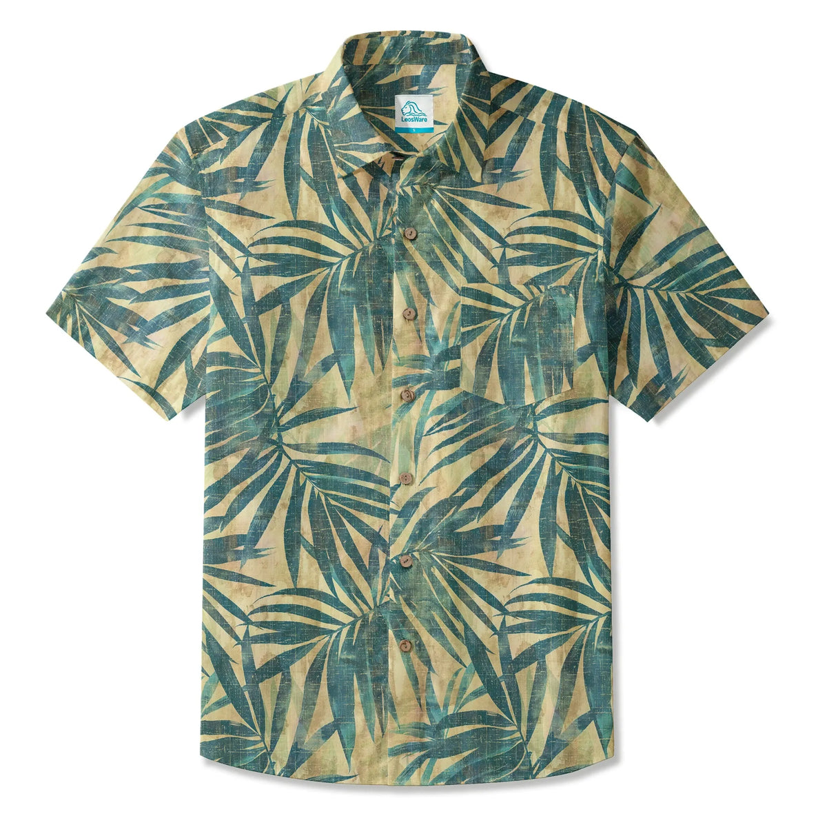 LeosWare® Men's Hawaiian Shirt Short Sleeve Button-up 100% Cotton Green Aloha Vintage Palm By Ann