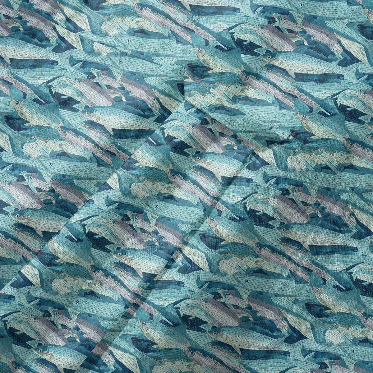LeosWare® Men's Hawaiian Shirt Short Sleeve Button-up 100% Cotton Blue Aloha Mosaic Of Blue School Of Fish By Ann