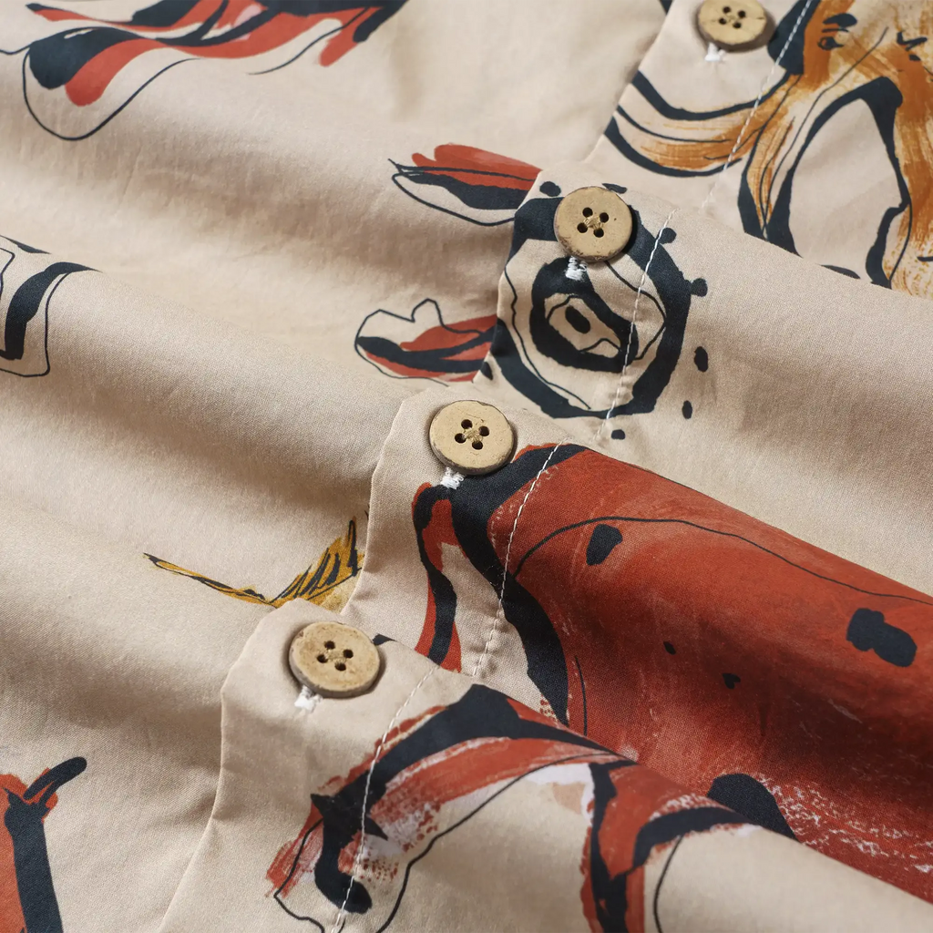 LeosWare® Men's Hawaiian Shirt Short Sleeve Button-up 100% Cotton Red Aloha Vintage Cave Art Print By Huan huan
